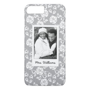 Custom Photo & Name White flowers on stripes iPhone 8 Plus/7 Plus Case