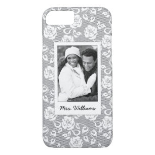 Custom Photo & Name White flowers on stripes iPhone 8/7 Case
