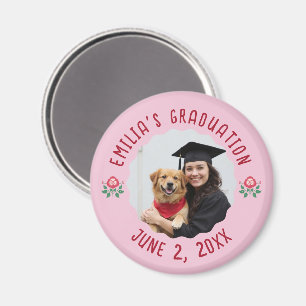 Custom Photo Name Year Pink Graduation Red Roses Magnet