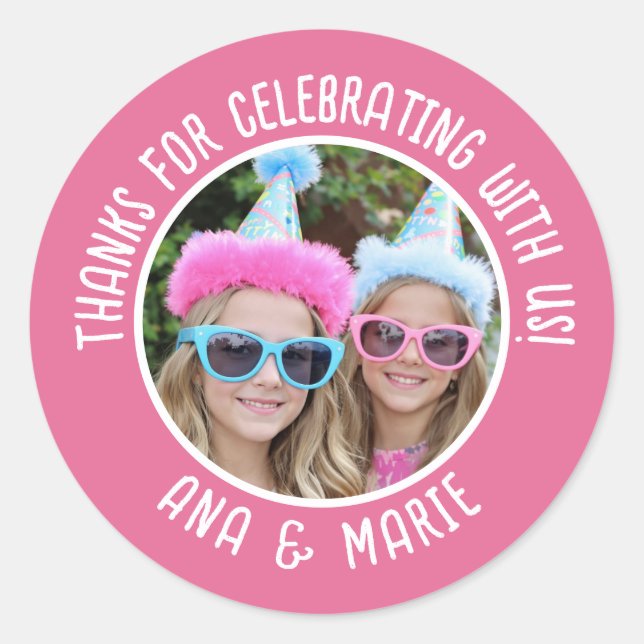 Custom Photo Names Double Birthday Thank You Favou Classic Round Sticker (Front)