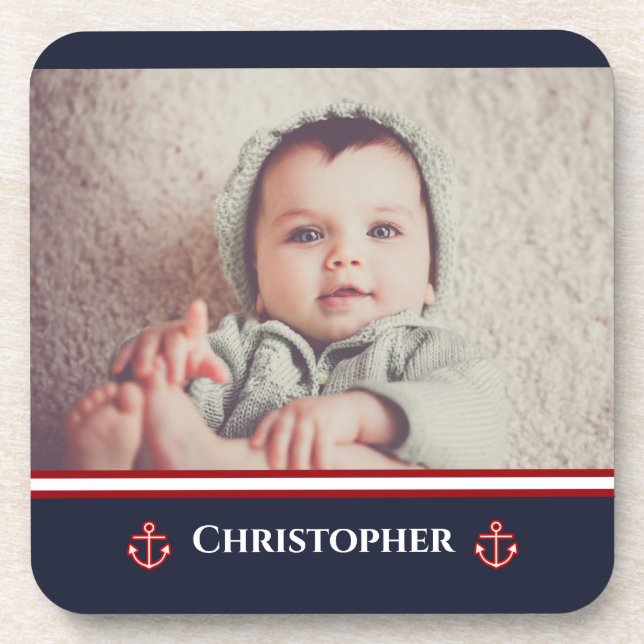 Custom Photo Nautical Marine Navy Blue Red White Coaster (Front)
