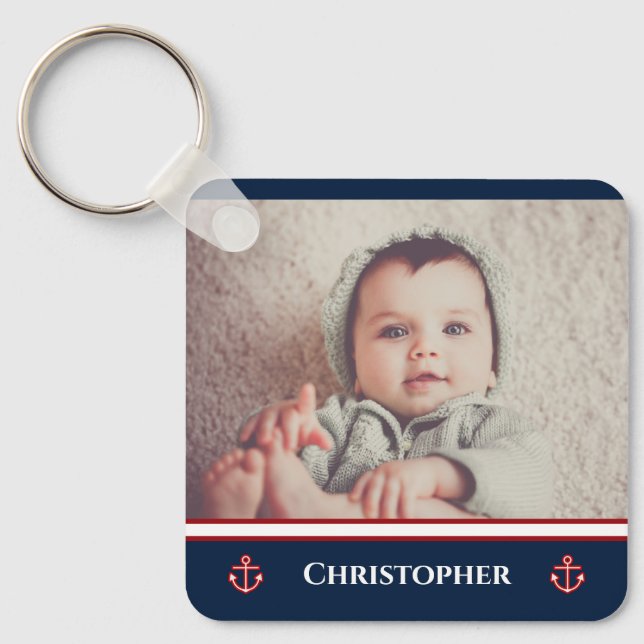 Custom Photo Nautical Marine Navy Blue Red White Key Ring (Front)