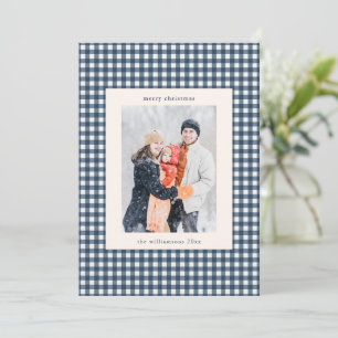 Custom Photo Navy Blue Gingham Plaid Christmas Holiday Card