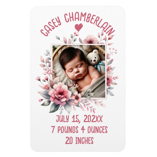 custom photo newborn baby watercolor floral magnet (Vertical)