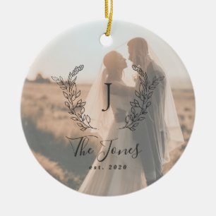 Custom photo newlyweds name monogram elegant ceramic ornament