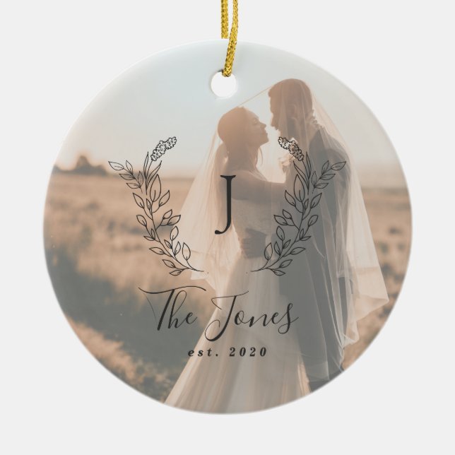 Custom photo newlyweds name monogram elegant ceramic ornament (Front)