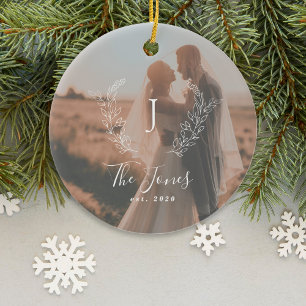 Custom photo newlyweds name monogram elegant  ceramic ornament