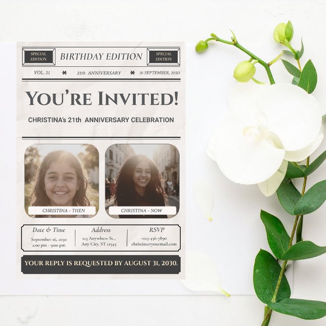 Custom Photo Newspaper Modern Birthday Invitation (Creator Uploaded)