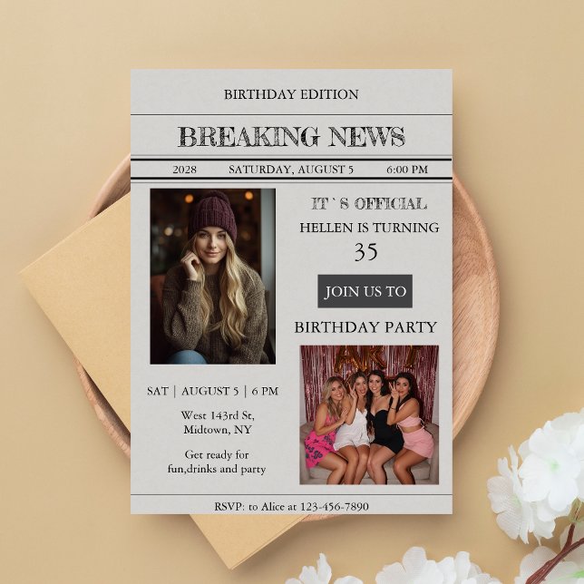 Custom Photo Newspaper Style Birthday Invitation (Creator Uploaded)