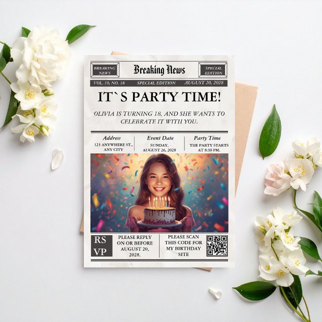Custom Photo Newspaper Style Birthday Invitation (Creator Uploaded)