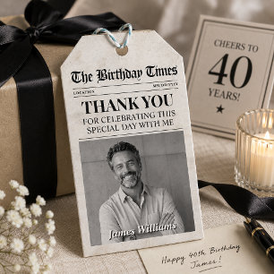 Custom Photo Newspaper Tag, Birthday Newspaper Gift Tags