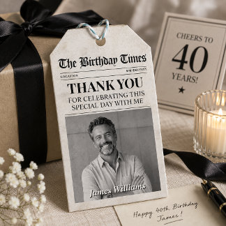 Custom Photo Newspaper Tag, Birthday Newspaper Gift Tags