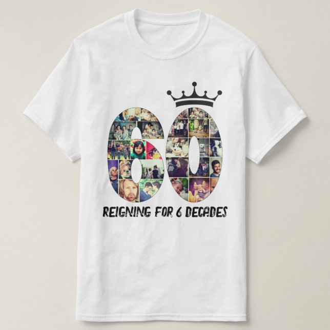 Custom photo number collage 60 text crown white T-Shirt (Design Front)