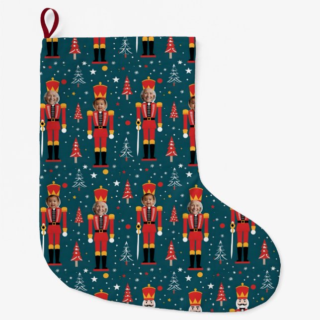 custom photo nutcracker - 2 images large christmas stocking (Front)