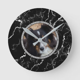 Custom Photo On Faux Black Marble Texture Look Round Clock