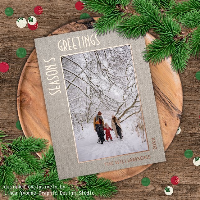 Custom Photo On Faux Jute Burlap Pattern Rose Gold Foil Holiday Postcard (Creator Uploaded)