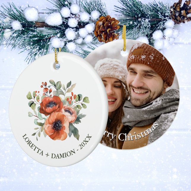 Custom Photo Orange Floral Christmas Ceramic Ornament (Creator Uploaded)