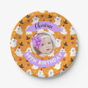 Custom Photo Orange Halloween Ghost Birthday Party Paper Plate