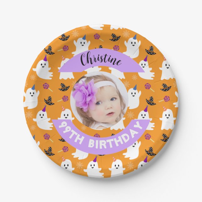 Custom Photo Orange Halloween Ghost Birthday Party Paper Plate (Front)