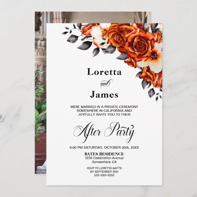 Custom Photo Orange Rose Floral Wedding Reception Invitation (Front/Back)
