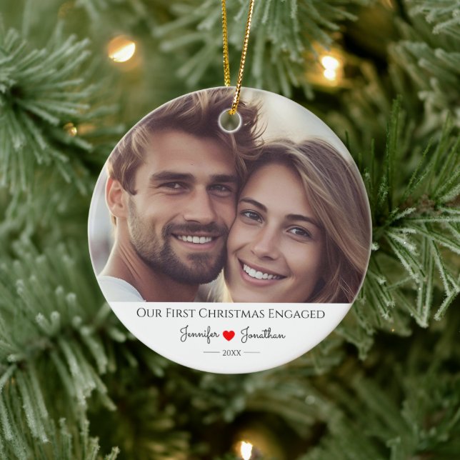 Custom Photo Our First Christmas Engaged   Ceramic Ornament (Tree)
