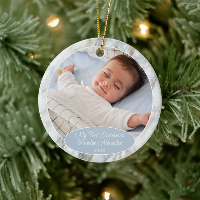 Custom Photo Pastel Blue Grey Marble Pattern 2025 Ceramic Ornament (Tree)