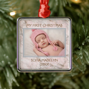 Custom Photo Pastel Pink Grey Marble Pattern Metal Ornament