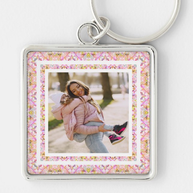 Custom Photo Pastel Pink Happy Green Mother’s Day Key Ring (Front)