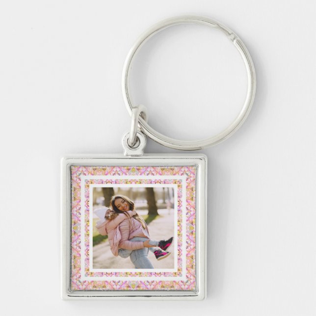 Custom Photo Pastel Pink Happy Green Mother’s Day Key Ring (Front)