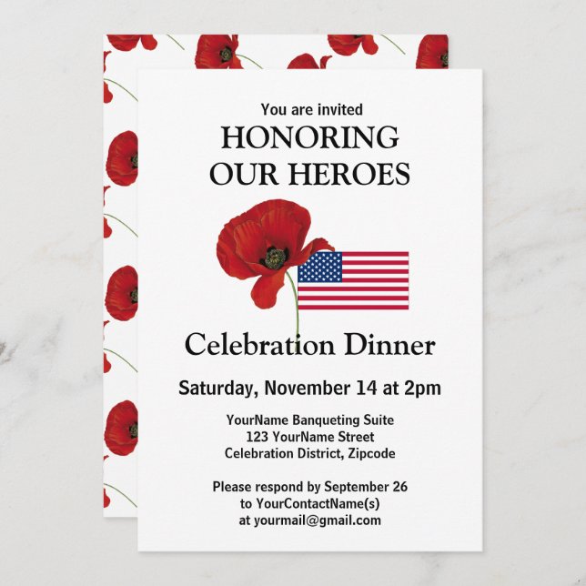 Custom Photo Patriotic USA Veterans Dinner Invitation (Front/Back)