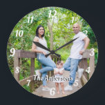 Custom photo personalised name white letters large clock<br><div class="desc">Custom photo personalised name white letters and numbers retro font wall clock. A lovely personalised gift for anyone.</div>