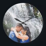 Custom photo personalised name white letters large large clock<br><div class="desc">Custom photo personalised name white letters and numbers retro font wall clock. A lovely personalised gift for a couple,  for wedding,  engagement,  house warming or other occasion.</div>
