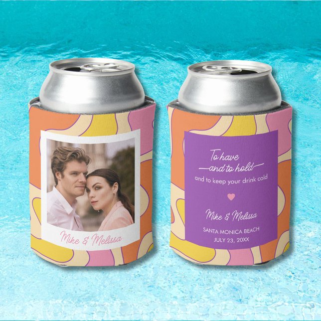 Custom Photo Personalized Wedding Retro Groovy Can Cooler (Creator Uploaded)