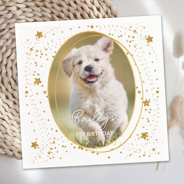 Custom Photo Pet Dog Birthday Gold Glitter Stars Napkin (Creator Uploaded)