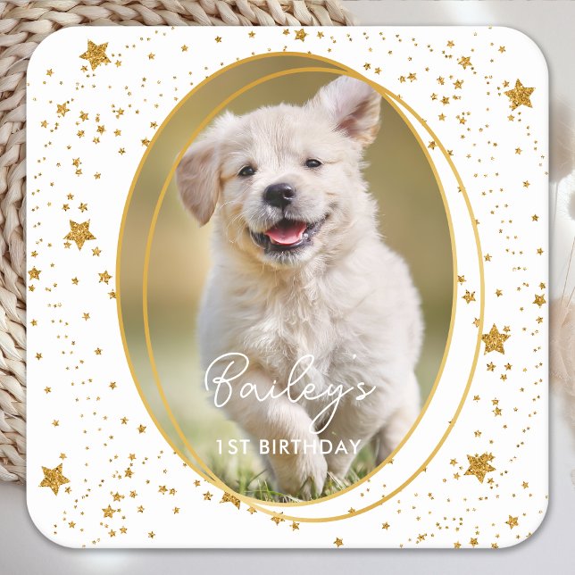 Custom Photo Pet Dog Birthday Gold Glitter Stars Square Paper Coaster (Creator Uploaded)