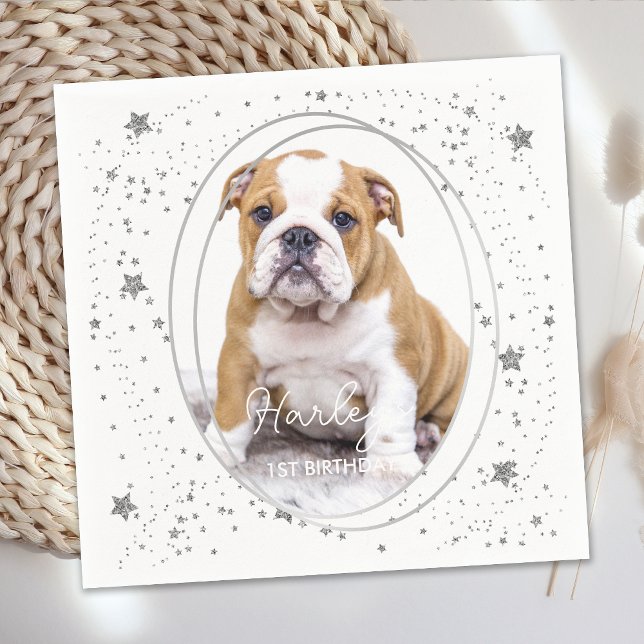 Custom Photo Pet Dog Birthday Silver Glitter Stars Napkin (Creator Uploaded)