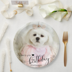 Custom Photo Pet Dog Birthday Typography Black Paper Plate