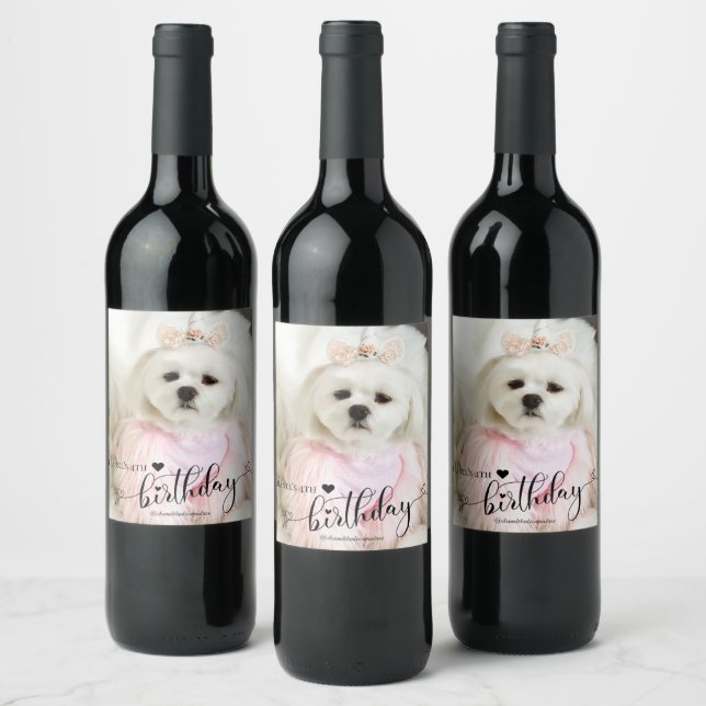 Custom Photo Pet Dog Birthday Typography Black Wine Label (Bottles)