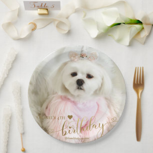 Custom Photo Pet Dog Birthday Typography Gold Paper Plate