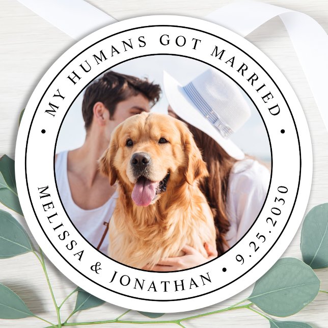 Custom Photo Pet Dog Just Married Wedding Classic Round Sticker (Creator Uploaded)