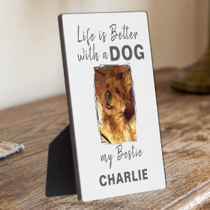 Custom photo pet dog name white grey plaque