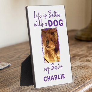Custom photo pet dog name white purple plaque