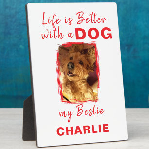 Custom photo pet dog name white red plaque