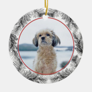 Custom Photo Pine Sprig Evergreen Wreath  Ceramic Ornament