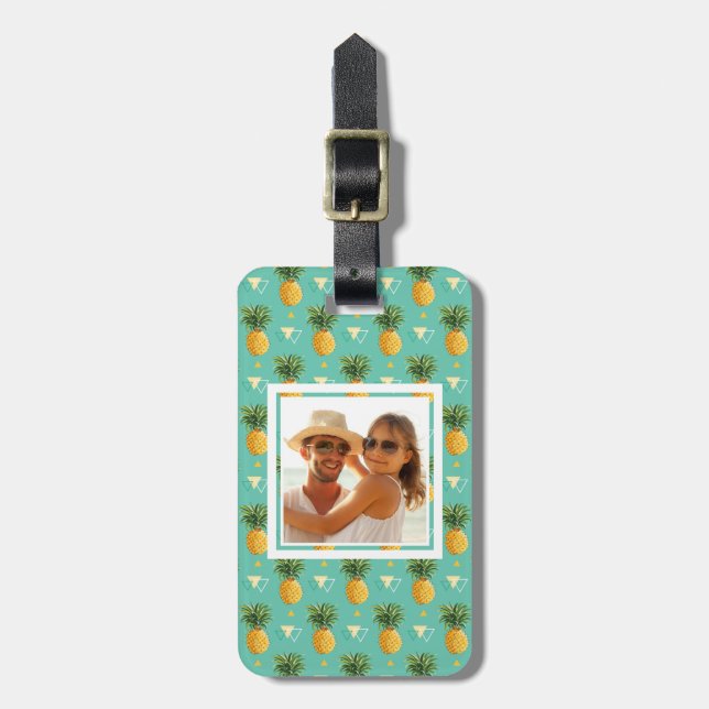 Custom Photo Pineapples On Geometric Pattern Luggage Tag (Front Vertical)