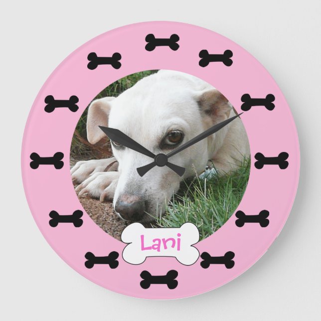 Custom Photo Pink and Black Dog Bones Personalised Large Clock (Front)