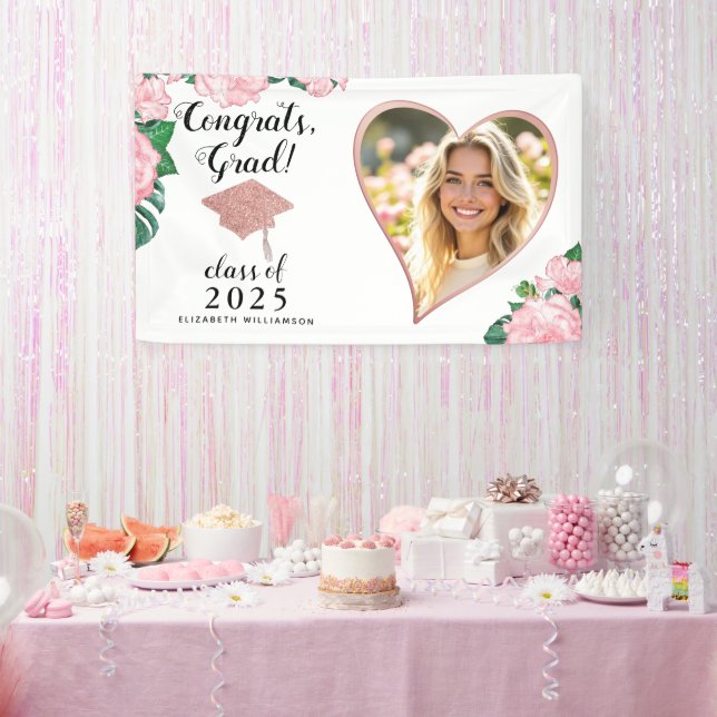 Custom Photo Pink and White Floral Graduation Banner (Party)