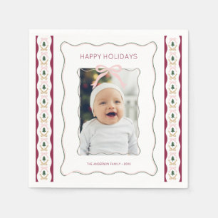 Custom Photo Pink Bow Squiggly Frame Holiday Napkin