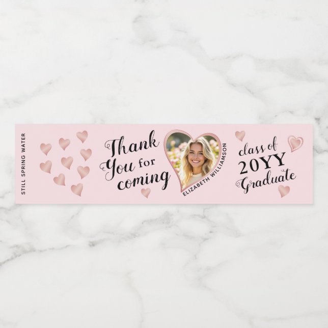 Custom Photo Pink Class 2025 Graduation Thank You Water Bottle Label (Single Label)