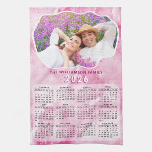 Custom Photo Pink Family Name 2025 Calendar Tea Towel